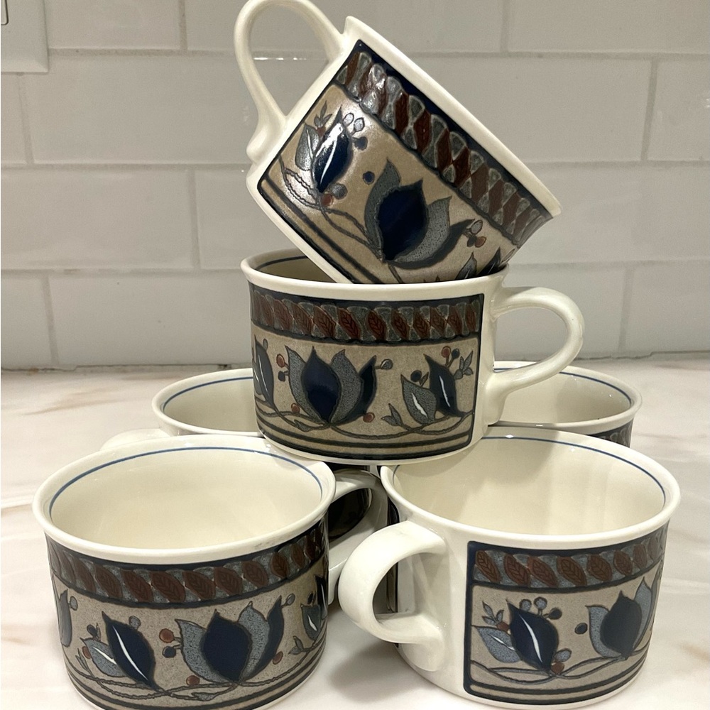 Mikasa Intaglio Blue and Brown Ceramic Mugs - Set of 6
